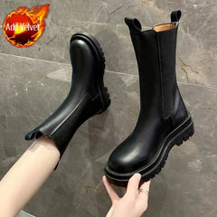 Black Ladies Boots Elegant with Low Heels Shoes for Women Chelsea Mid Calf Half High Footwear Spring Autumn Sale Quality 2025 Pu