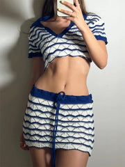 Summer Sexy Knit Two-Piece Set – V-Neck Lace-Up Top & Cut-Out Mini Skirt Cover-Up