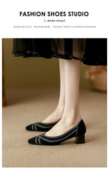 Women's high heels knitted breathable square heel beautiful princess non slip rubber sole comfortable shoes 2024 new model
