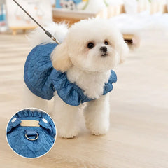 Denim Dog Dress 👗 Summer Blue Outfit with Leash Ring for Small Dogs & Cats