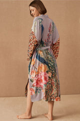 Peacock Print Beach Kimono – Self-Belted Swimsuit Cover-Up Wrap Dress