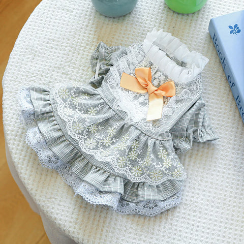 Dog Lace Summer Dress with Puff Sleeves & Bow – Cute Orange Outfit for Small & Medium Dogs