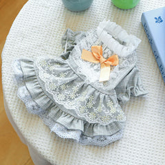 Dog Lace Summer Dress with Puff Sleeves & Bow – Cute Orange Outfit for Small & Medium Dogs