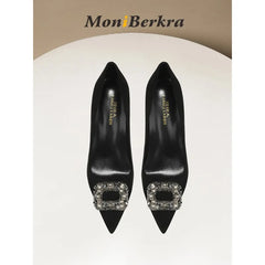 Diamond square buckle black high heels, slim heels, fashionable temperament, suede professional pointed French single shoes
