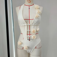 3D Flower Hollow One-Piece Swimsuit – Women’s Sexy Solid Bodysuit Beachwear
