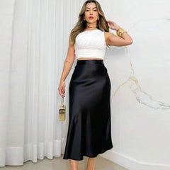 Women’s Satin High Waist Midi Skirt — Black & White