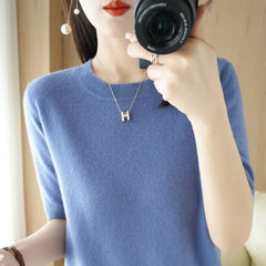 Women’s Short Sleeve Slim Fit Knitted Sweater – Camel & Pink