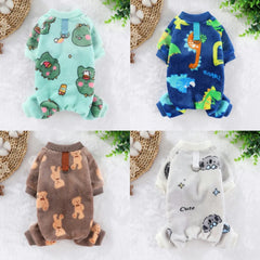 Soft Flannel Dog Pajamas – Cartoon Animal Print Winter Jumpsuit for Dogs