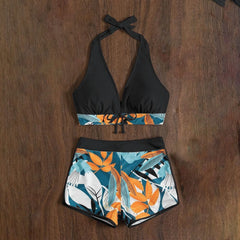 High-Waist Plant Print Bikini Set – Women’s Two-Piece Swimsuit