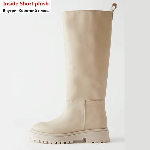 MORAZORA Plus Size 34-43 New Full Cow Leather Women Boots Slip On Chunky Platform Knee High Boots Ladies Autumn Winter Shoes