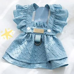 Denim Dog Dress 👗 Summer Blue Outfit with Leash Ring for Small Dogs & Cats