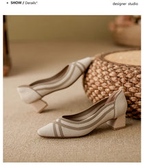 Women's high heels knitted breathable square heel beautiful princess non slip rubber sole comfortable shoes 2024 new model