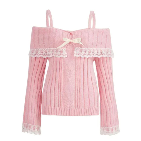 Women’s Off-Shoulder Pink Knit Sweater – Bow Lace Patchwork Pullover