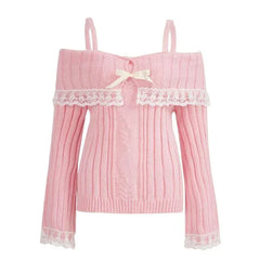 Women’s Off-Shoulder Pink Knit Sweater – Bow Lace Patchwork Pullover