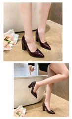 10cm High Heel Colorful Pumps Women's Shoes Pointed Toe Fashion Red 3.9inch Chunky Heels Patent Leather Female Plus Size 49 50