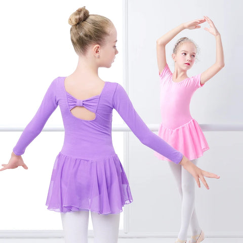 Girls Ballet Leotard Dress – Long/Short Sleeve Chiffon Skirt Dancewear