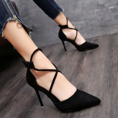 New Cross-strap Roman Sandals Suede High Heels Women's Shoes One-line Buckle Fine Heel Pointed Sandals Zaptos Mujer