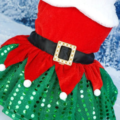 Christmas Dog Dress – Red Belt & Sequin Skirt Holiday Outfit