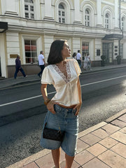 Women’s Lace Patchwork Top – V-Neck Short Sleeve Tee