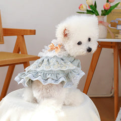Dog Lace Summer Dress with Puff Sleeves & Bow – Cute Orange Outfit for Small & Medium Dogs