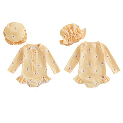 Toddler Girl Floral Rash Guard Swimsuit Set with Hat – Long Sleeve Zipper Bathing Suit