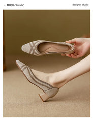 Women's high heels knitted breathable square heel beautiful princess non slip rubber sole comfortable shoes 2024 new model