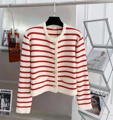 Women’s Stripe Knit Cardigan – O-Neck Single-Breasted Crop Sweater