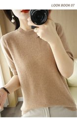 Women’s Short Sleeve Slim Fit Knitted Sweater – Camel & Pink