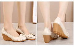 Genuine Leather 7cm High Heels Women Wedge Shoes Elegant Ladies Pure Black Beige Soft Comfortable