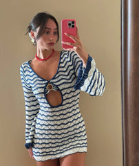 Boho Striped Knit Mini Dress – V-Neck Cut-Out Bell Sleeve Cover-Up (K123)
