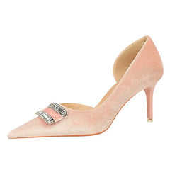 Velvet Pointed Toe Hollow Pumps – Crystal Buckle Thin High Heels (Purple)