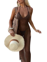 Women Knitted Beach Cover Ups Crochet Cutout Backless Dress for Bikini Swimsuit Bathing Suit Summer Clothes