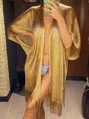 2025 Sexy Gold Tassel See-Through Beach Cover-Up Dress for Women