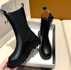 Black Ladies Boots Elegant with Low Heels Shoes for Women Chelsea Mid Calf Half High Footwear Spring Autumn Sale Quality 2025 Pu