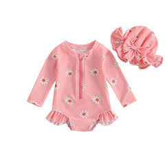 Toddler Girl Floral Rash Guard Swimsuit Set with Hat – Long Sleeve Zipper Bathing Suit