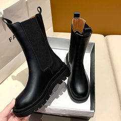 Black Ladies Boots Elegant with Low Heels Shoes for Women Chelsea Mid Calf Half High Footwear Spring Autumn Sale Quality 2025 Pu