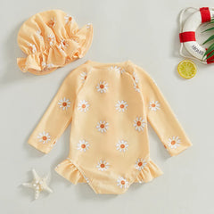 Toddler Girl Floral Rash Guard Swimsuit Set with Hat – Long Sleeve Zipper Bathing Suit