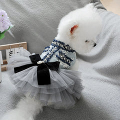 Grey Blue Princess Pet Dress – Autumn/Winter Wedding Outfit for Small & Medium Dogs