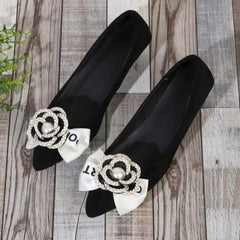 2025 Women Pumps Med Heel Square Point Toe Camellia Flower Pumps Office Lady Leahter Shoes Soft Soles Slip On