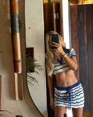 Summer Sexy Knit Two-Piece Set – V-Neck Lace-Up Top & Cut-Out Mini Skirt Cover-Up