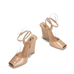 Slope heel, fish mouth, empty sandals, patent leather ankle buckle strap, stylish, sexy, shallow mouth,comfortable women's shoes