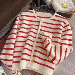 Women’s Stripe Knit Cardigan – O-Neck Single-Breasted Crop Sweater