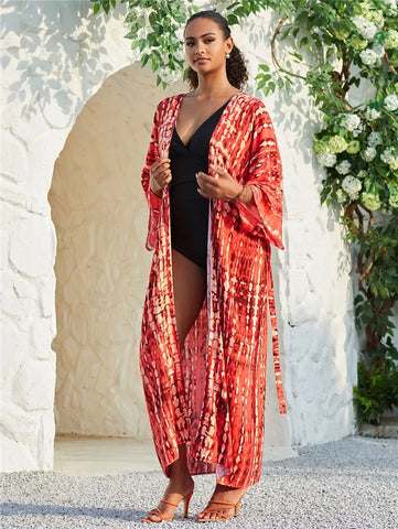 Long Tie-Dye Kimono Cover-Up – Open Front Beachwear for Women