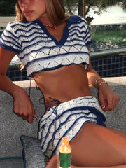 Summer Sexy Knit Two-Piece Set – V-Neck Lace-Up Top & Cut-Out Mini Skirt Cover-Up