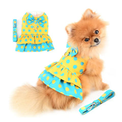 Polka Dot Dog Harness Dress 💙 Summer Outfit & Leash Set for Small Dogs