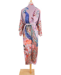 Peacock Print Beach Kimono – Self-Belted Swimsuit Cover-Up Wrap Dress