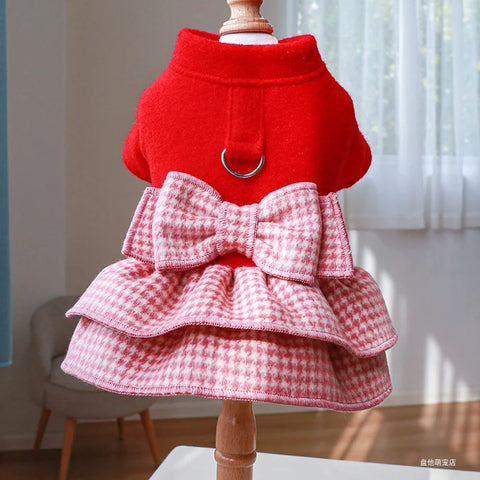 Red Winter Princess Pet Dress 🎀 Warm Outfit with Belt for Small & Medium Pets