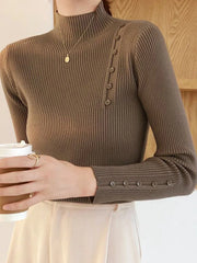 Women’s Knitted Turtleneck Sweater – Slim Button Pullover