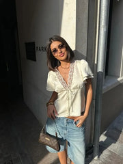 Women’s Lace Patchwork Top – V-Neck Short Sleeve Tee