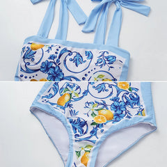 Flaxmaker Lemon Print Bikini Set – Women’s Push-Up Tie-Shoulder Swimsuit 2025